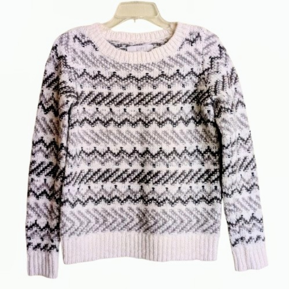 Loft Sweater Cream Gray Wool Alpaca Geometric Stripes Crew Neck Size S